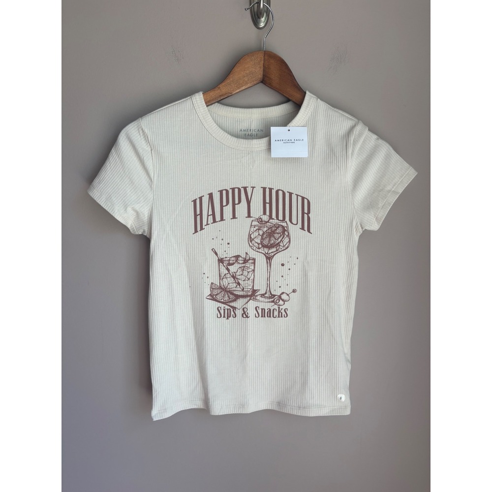American Eagle Happy Hour Sips & Snacks Ribbed Graphic Baby Tee Cream Small NWT